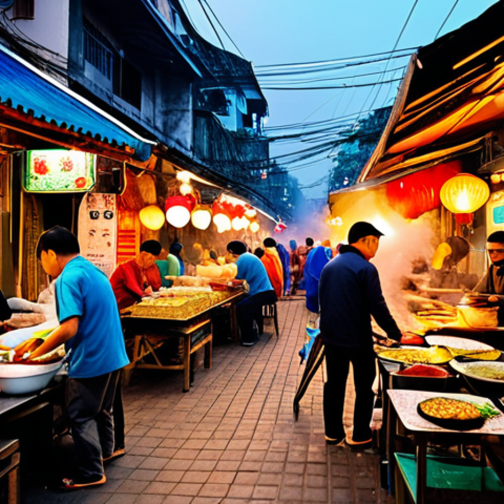 Bustling Hanoi Street Food Scene**
"A vibrant Hanoi street food scene at sunset, featuring locals and tourists enjoying `bún chả` and `nem lụi`. Tables are crowded, smoke rises from the grills, creating a lively atmosphere. Capture the essence of Vietnamese culture through food and community. Warm lighting, detailed textures of food stalls and traditional clothing (`áo dài`). Safe for work, appropriate content, fully clothed, professional photography, perfect anatomy, natural proportions, family-friendly."
**