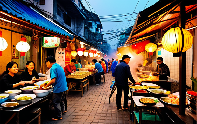 Bustling Hanoi Street Food Scene**
"A vibrant Hanoi street food scene at sunset, featuring locals and tourists enjoying `bún chả` and `nem lụi`. Tables are crowded, smoke rises from the grills, creating a lively atmosphere. Capture the essence of Vietnamese culture through food and community. Warm lighting, detailed textures of food stalls and traditional clothing (`áo dài`). Safe for work, appropriate content, fully clothed, professional photography, perfect anatomy, natural proportions, family-friendly."
**