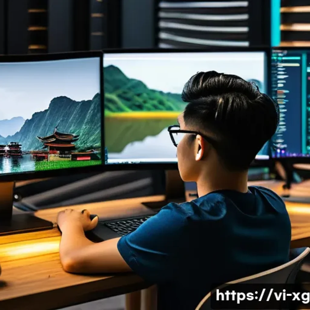 JAMstack 아키텍처의 인기 프레임워크 비교 - A modern Vietnamese tech workspace featuring a young developer coding on a laptop with multiple scre...