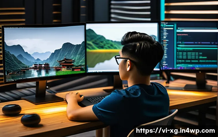 JAMstack 아키텍처의 인기 프레임워크 비교 - A modern Vietnamese tech workspace featuring a young developer coding on a laptop with multiple scre...