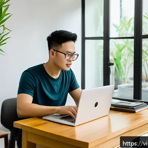 Home 32 JAMstack으로 빠른 웹사이트 성능을 달성하는 방법 - A modern Vietnamese web developer working in a bright, minimalistic home office with traditional Vie...