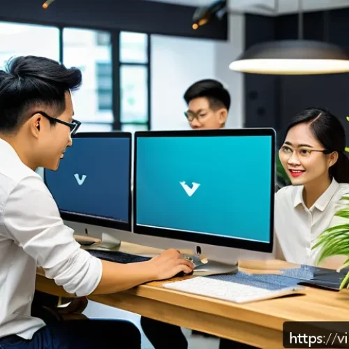 Home 17 JAMstack 아키텍처와 클라우드 서비스의 활용 - A modern Vietnamese tech startup office scene showing a diverse team of young professionals collabor...