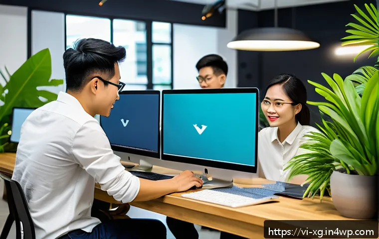JAMstack 아키텍처와 클라우드 서비스의 활용 - A modern Vietnamese tech startup office scene showing a diverse team of young professionals collabor...